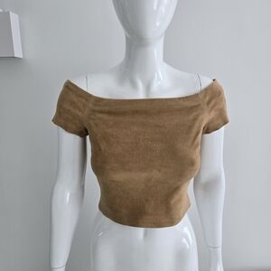 Alice + Olivia Gracelyn Tan Suede Leather Off-Shoulder Crop Top, Size 6